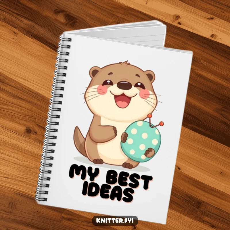 Funny notebook cover showing a happy otter holding a small pincushion and beaming, ideal for notes and sketches.