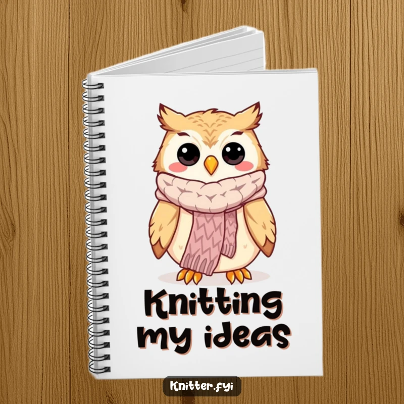 Funny owl knitting notebook with a happy owl proudly showing off a knitted scarf, perfect for notes.