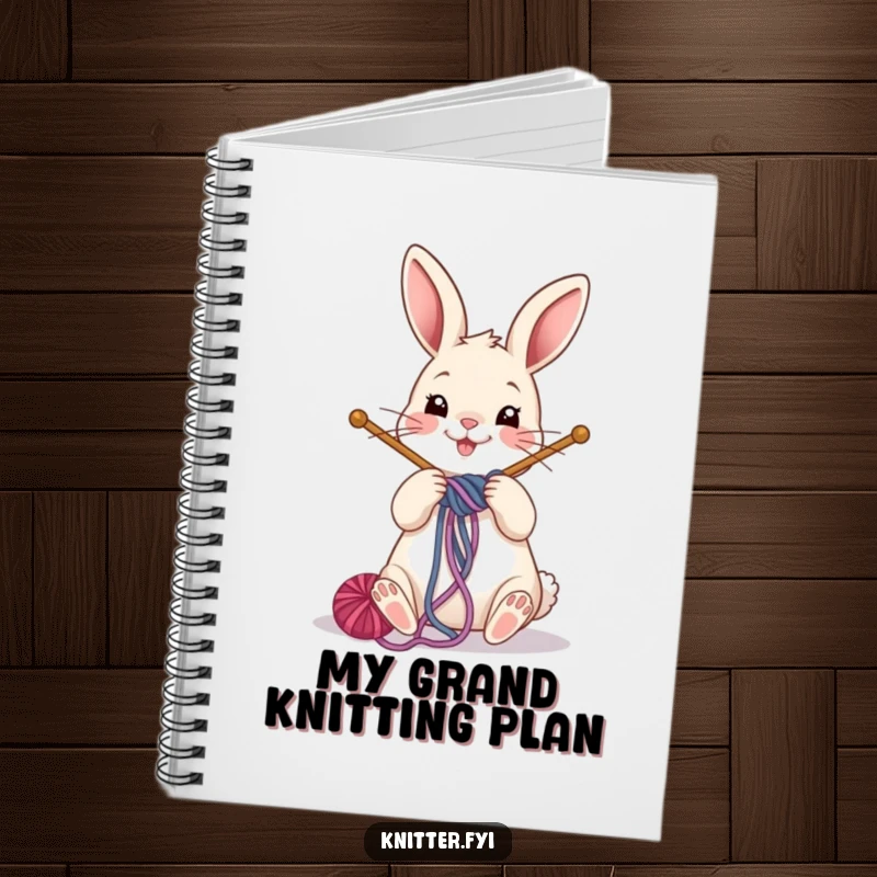 Funny rabbit notebook featuring a cheerful bunny winding yarn around knitting needles, ideal for pattern notes and sketches.