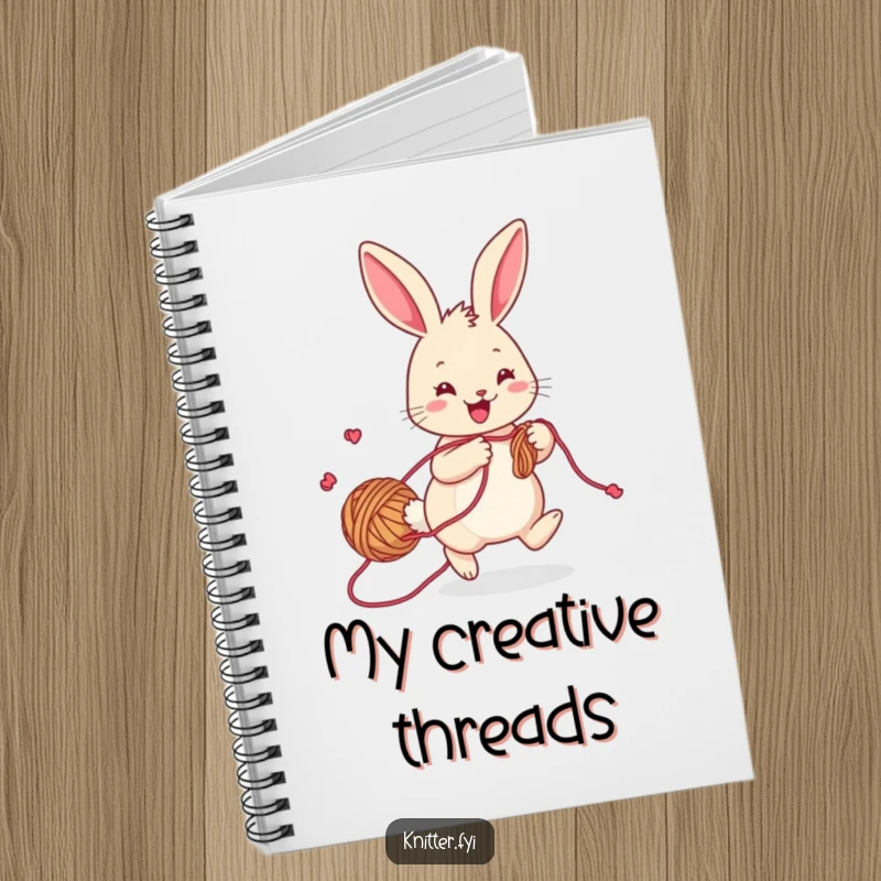 Funny rabbit notebook, a cheerful bunny with yarn trailing, hopping playfully while knitting, perfect for notes.