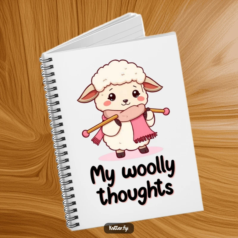 Funny sheep knitting notebook, happily knitting a scarf with large needles, ideal for jotting down creative ideas.