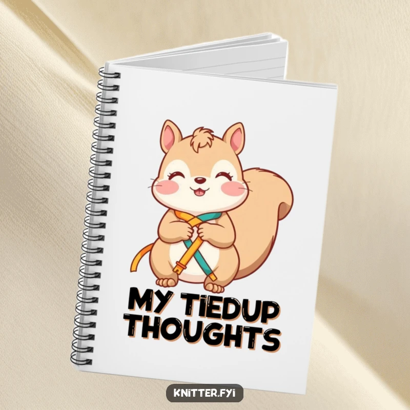 Funny squirrel notebook cover featuring a contented character happily knotting bright ribbons together, perfect for notes.