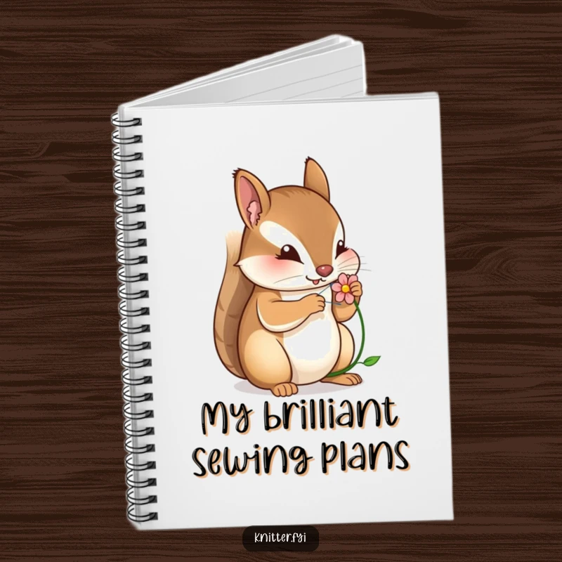 Funny notebook cover with a squirrel focused on meticulously stitching a tiny flower, perfect for note-taking.