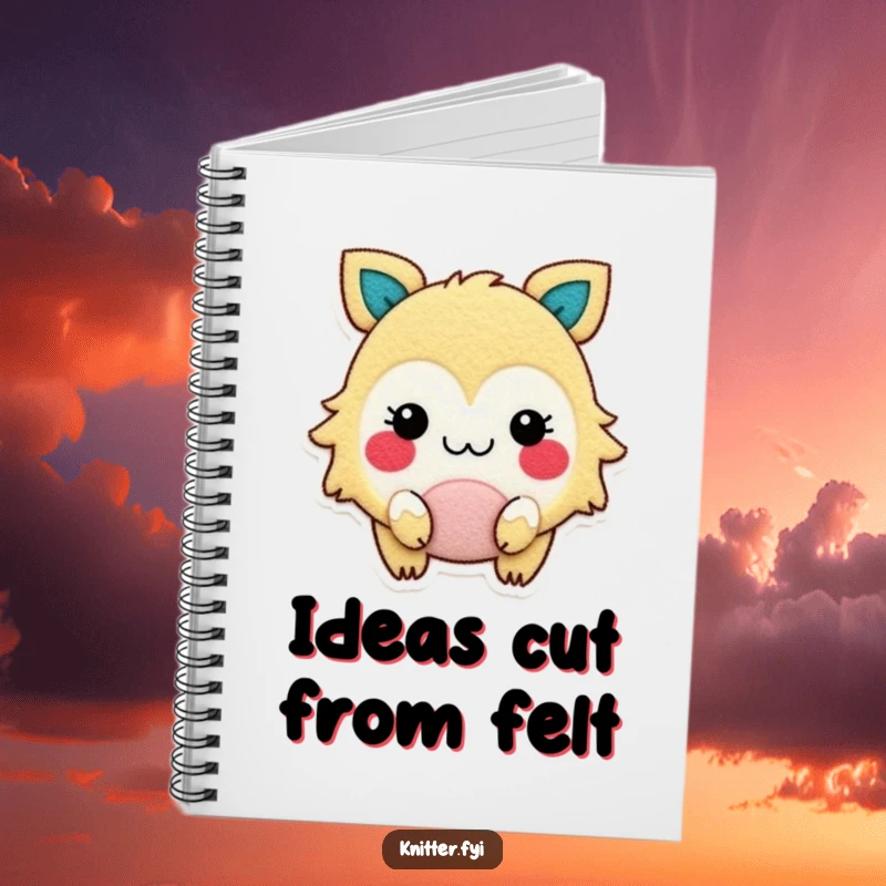 Funny notebook cover featuring a gleeful creature with rosy cheeks, cutting felt, ready to capture your creative thoughts.