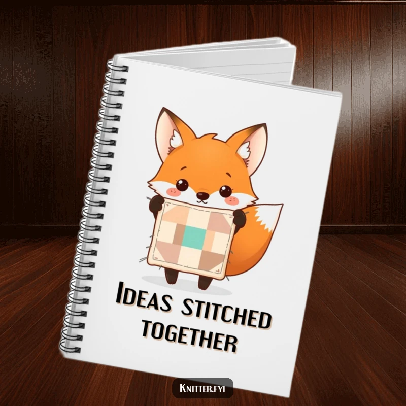 Funny fox notebook depicting a cheerful fox holding up a perfectly stitched tiny quilt. Ideal for notes.