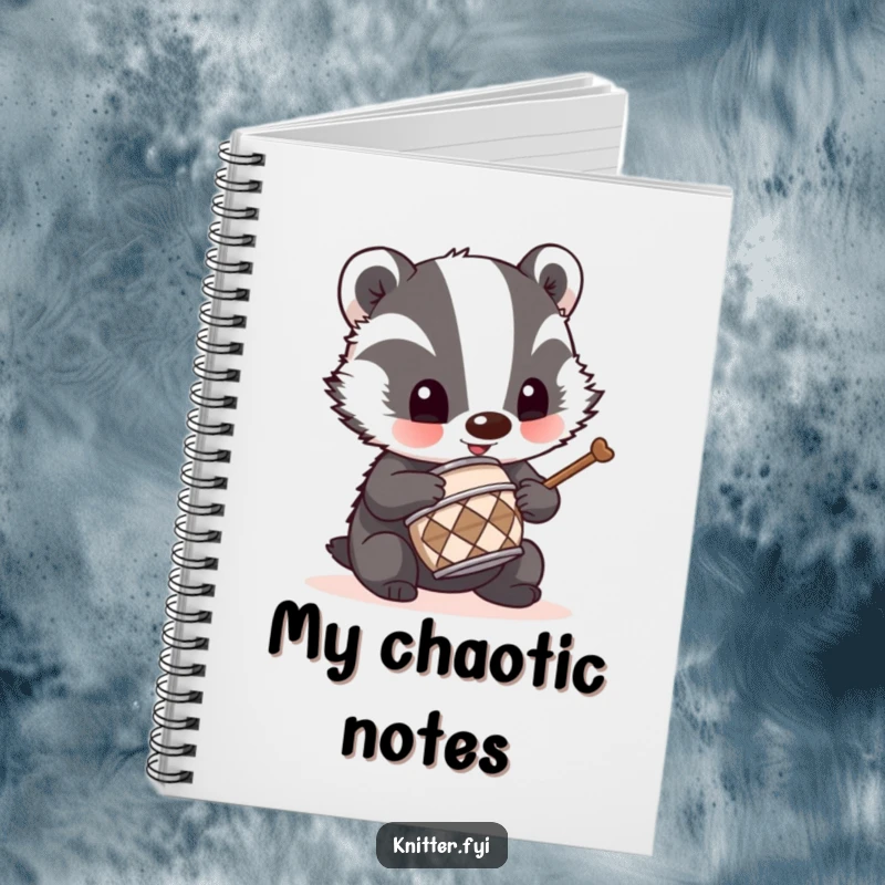 Funny badger drummer notebook with a mischievous badger using a tiny thimble as a drum, perfect for notes.