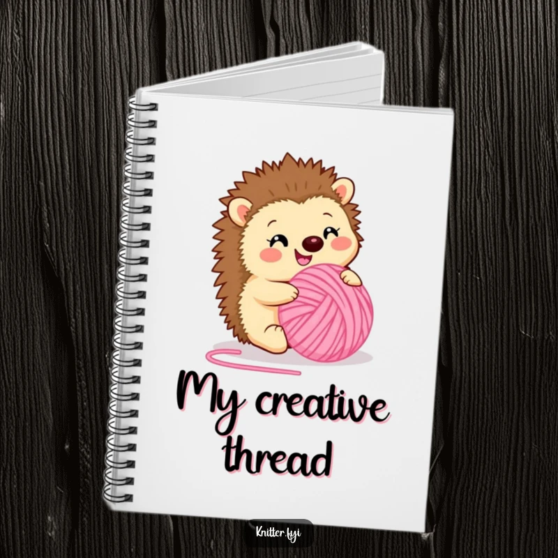 Funny notebook cover featuring a happy hedgehog rolling a ball of fuzzy pink yarn. Inspiring stationery for crafters, a perfect funny gift.