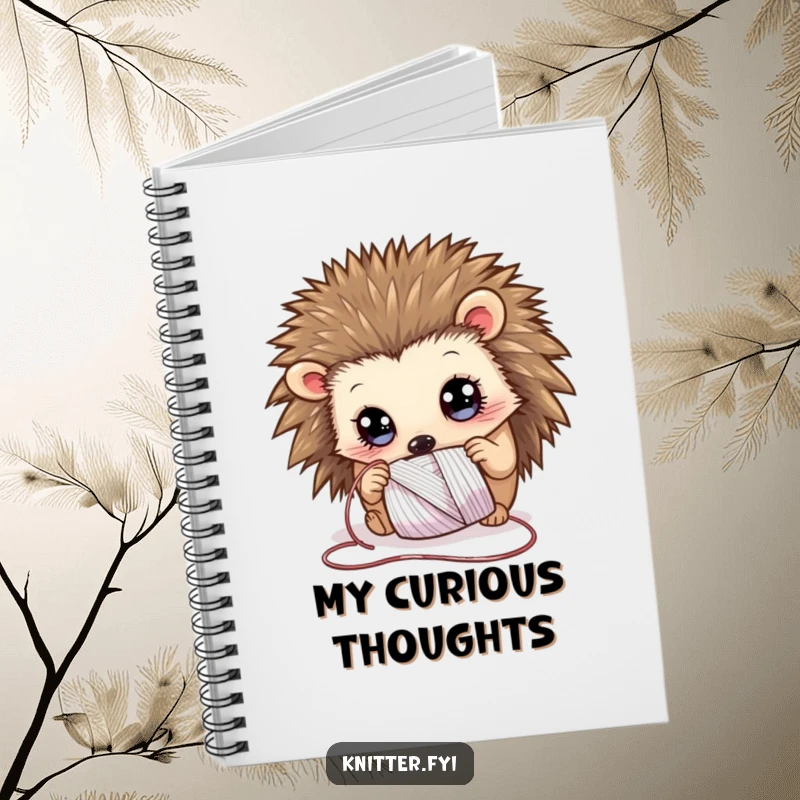Funny Notebook featuring a curious hedgehog with wide eyes, examining a spool of shimmering thread, encouraging creativity and note-taking.