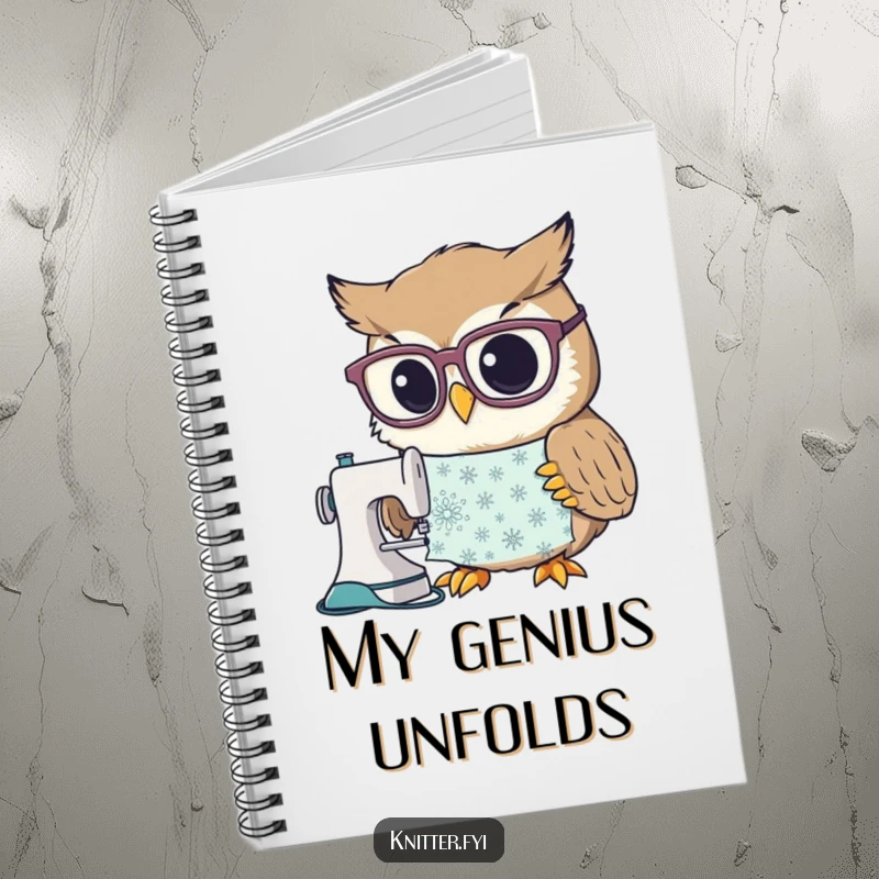 Funny notebook cover depicting a curious owl with large spectacles studying a complex sewing pattern, perfect for planning and note-taking.