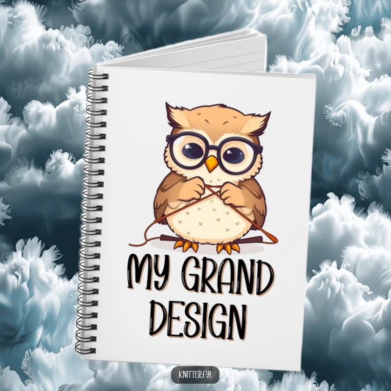 Funny notebook cover showing a small owl with glasses humorously threading a big sewing needle, ideal for notes and sketches.
