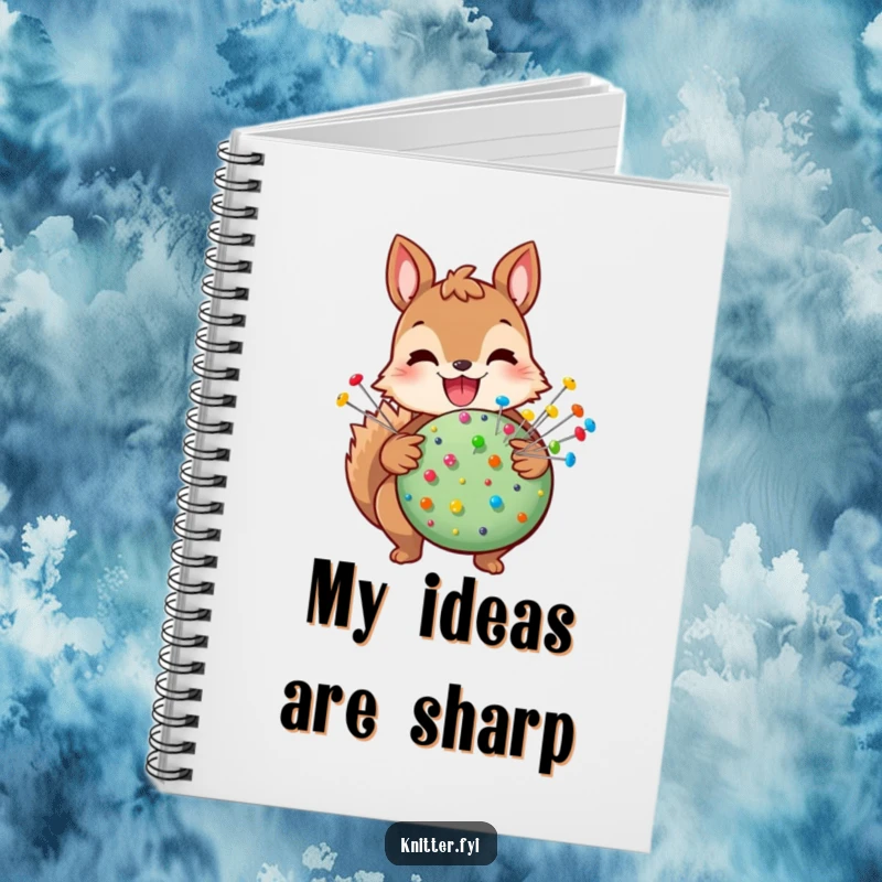 Funny squirrel notebook featuring a joyful squirrel with a pincushion, great for humorous craft planning and note-taking.