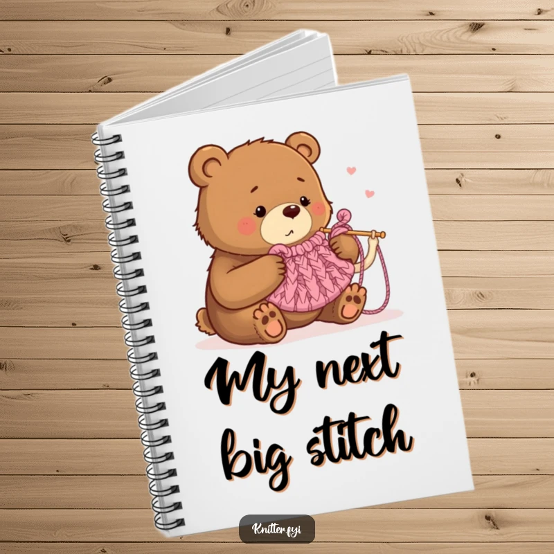 Funny notebook featuring a bear humorously trying to knit a tea cozy with oversized needles, great for note-taking.