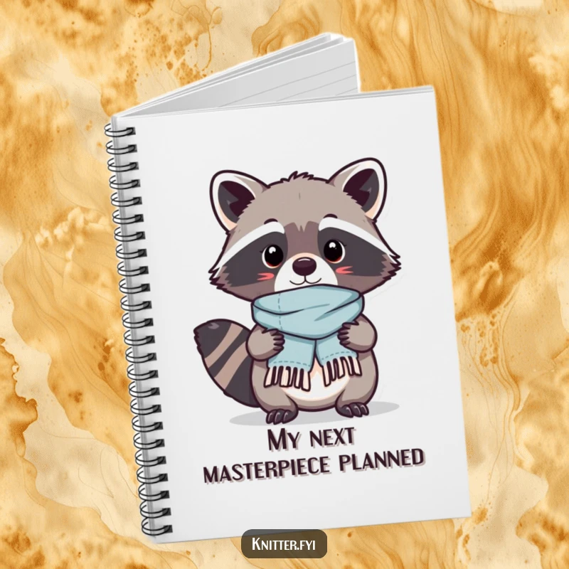 Funny Kawaii raccoon character proudly displaying a tiny, perfectly stitched scarf it just finished, a charming and functional notebook cover.