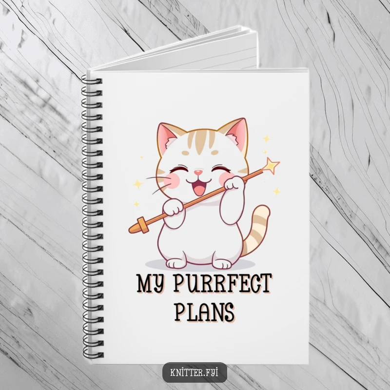 Funny notebook featuring a playful cat character threading a giant, sparkling needle, ideal for jotting down creative ideas.