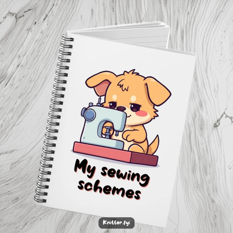 Funny Dog Sewing Notebook featuring a determined dog character using a sewing machine with great focus, perfect for planning.
