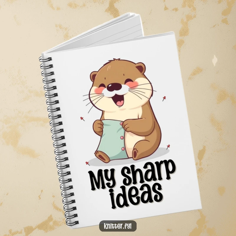 Funny excited otter notebook pinning fabric with tiny pins, a cute and inspiring journal for your ideas.
