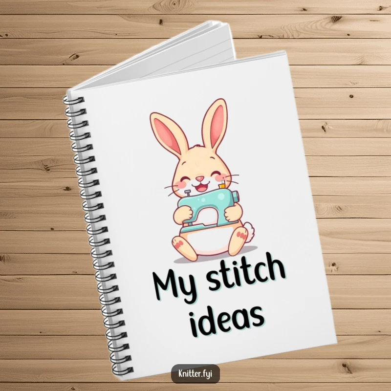 Funny rabbit sewing notebook, a cheerful rabbit with a tiny sewing machine sewing a button, perfect for creative notes.