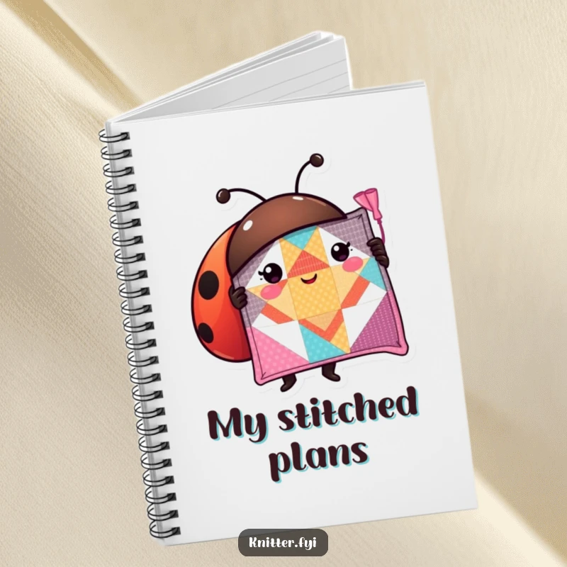 Funny ladybug notebook cover featuring a proud character showcasing a perfectly stitched quilt square, ideal for notes.