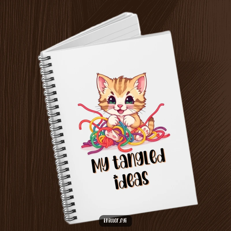 Funny kitten yarn notebook, a playful kitten happily tangled in colorful yarn, perfect for creative notes.