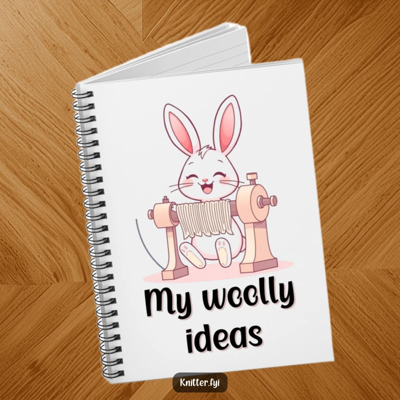 Funny bunny notebook featuring a happy rabbit operating a large knitting machine, ready to record ideas.