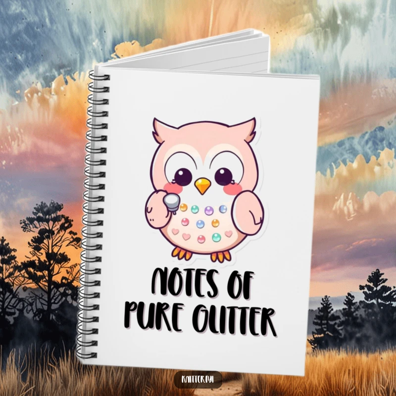 Funny Kawaii owl character using a thimble to gently tap a sequin, a charming and functional notebook cover.