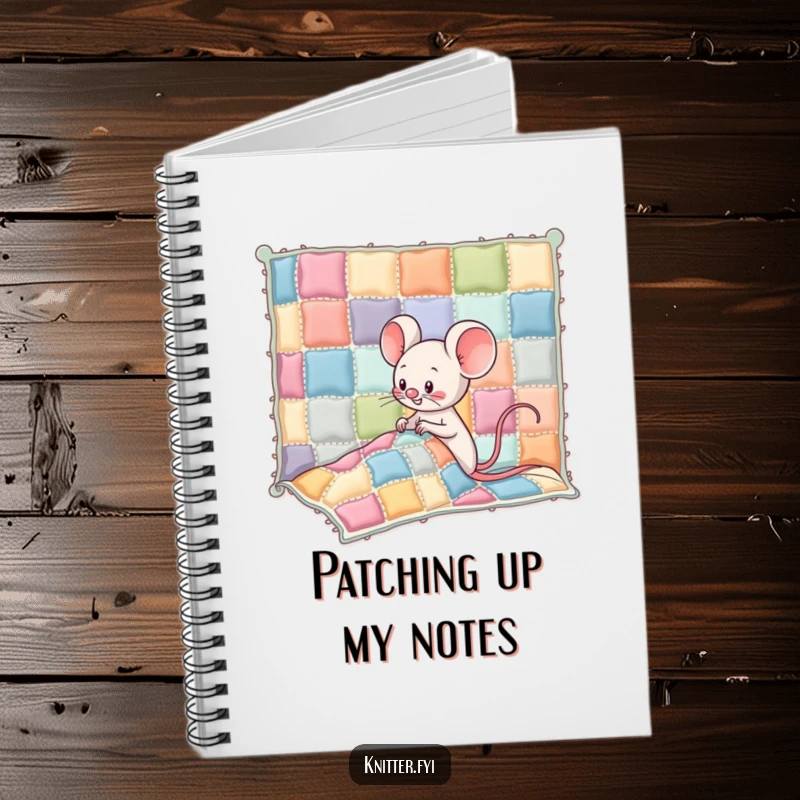 Funny Kawaii mouse character giggling while sewing colorful patches onto a wobbly quilt, a charming and functional notebook cover.
