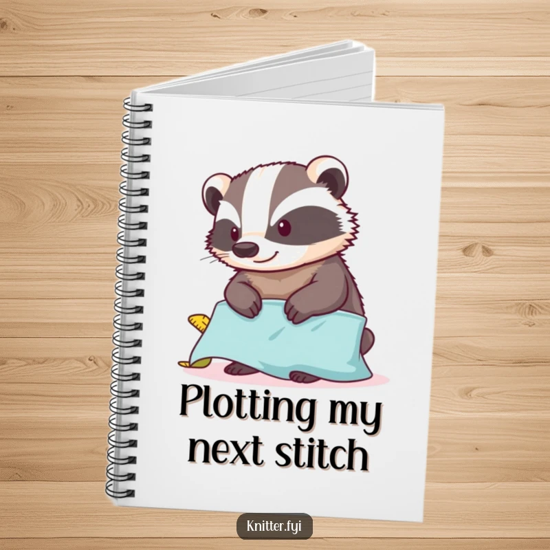 Funny badger notebook with a tape measure, contentedly measuring fabric, ideal for journaling, planning, and note-taking.