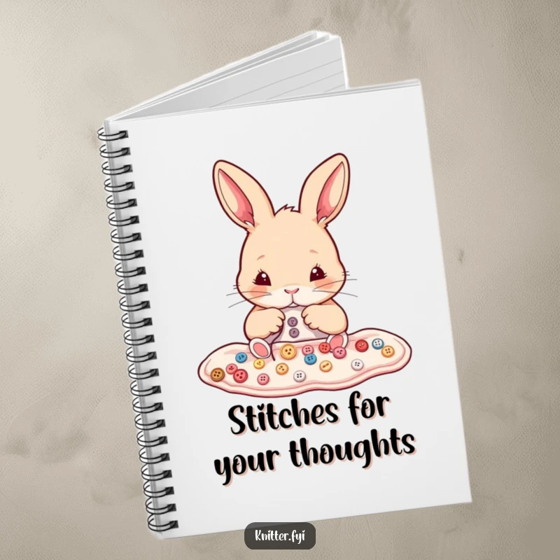 Funny rabbit notebook depicting a determined bunny meticulously sewing tiny buttons onto fabric. Ideal for notes.