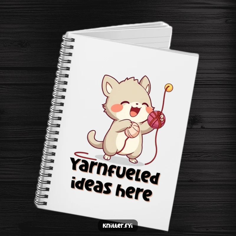Funny notebook cover with an energetic creature playfully engaged with a ball of yarn and a stray thread, inspiring creativity.
