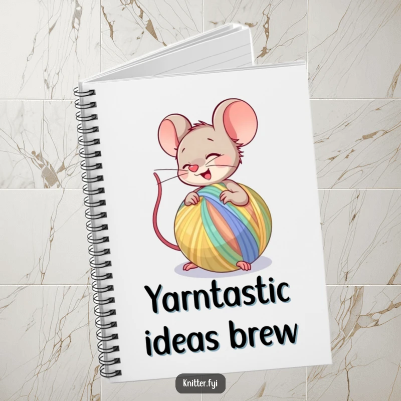 Funny Notebook with a giggling mouse character spinning colorful yarn, perfect for jotting down creative ideas and plans.