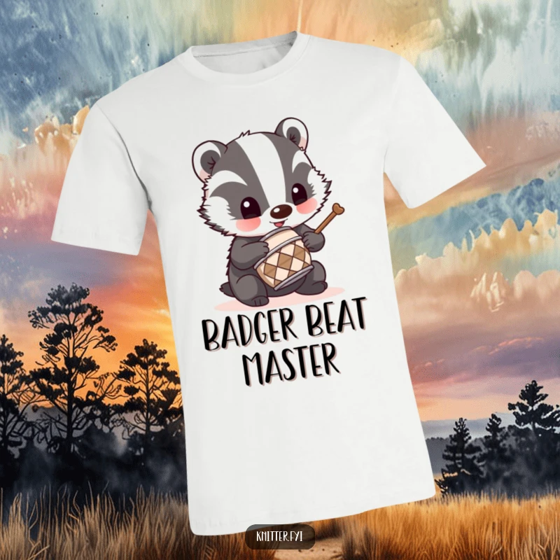 Funny badger drummer t-shirt where a mischievous badger uses a tiny thimble as a drum, ideal for music lovers.