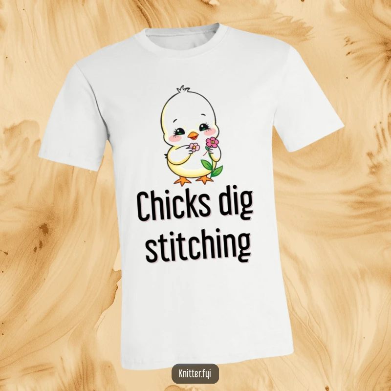 Funny T-Shirt displaying a sweet chick meticulously embroidering a tiny, smiling flower, showcasing gentle focus and artistry.