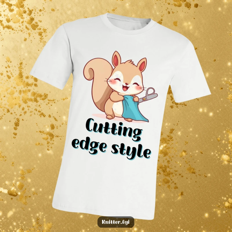 Funny squirrel t-shirt character, excitedly cutting fabric with tiny scissors, a humorous sewing tee.