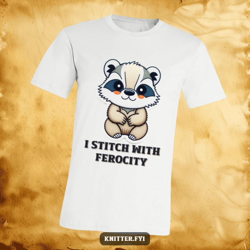 Funny badger t-shirt with a determined badger carefully embroidering a small design, a humorous gift for crafters.