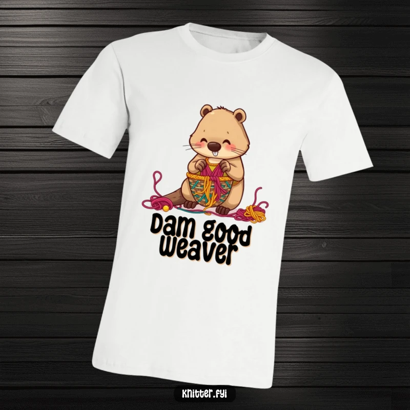 Funny beaver t-shirt featuring a diligent character weaving a basket from colorful threads, celebrating patience and skill.