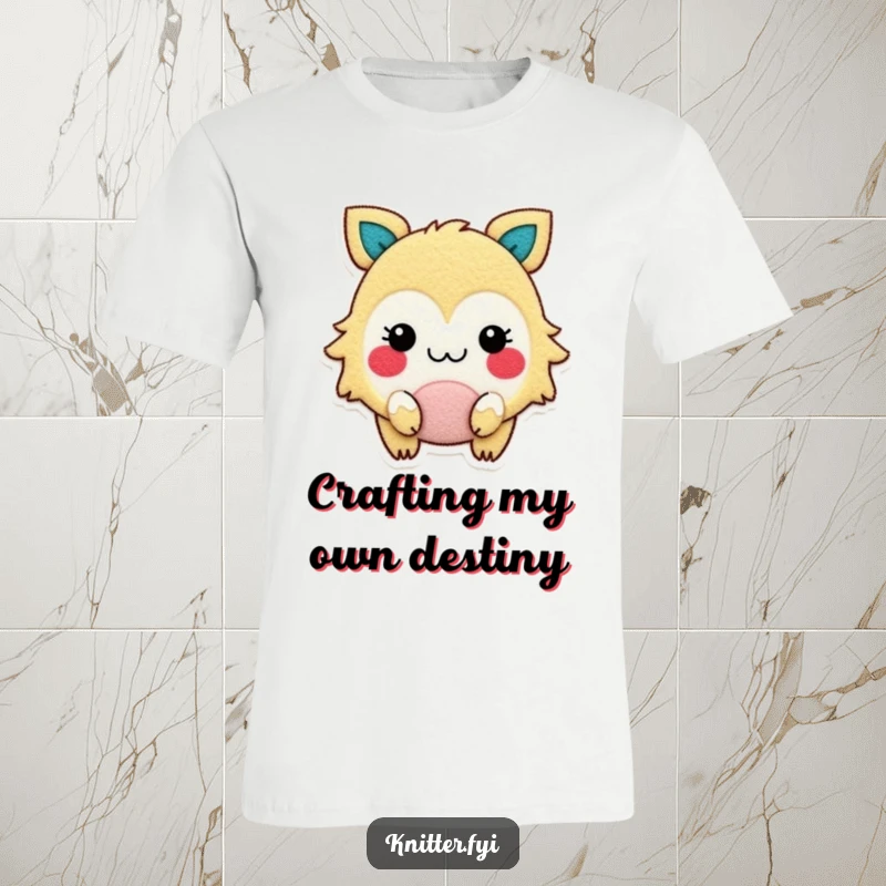 Funny t-shirt with a gleeful, rosy-cheeked creature happily cutting a shape from felt, celebrating creativity.
