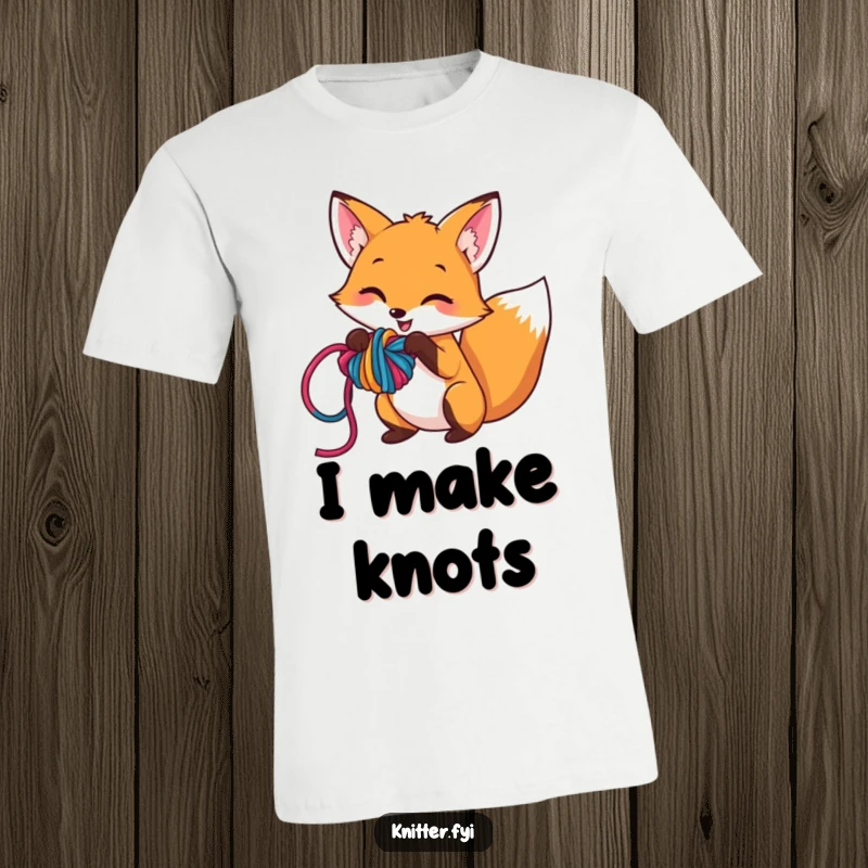 Funny t-shirt showcasing a sly fox character playfully creating a messy knot with colorful strands of yarn, a design for crafty mischief-makers.