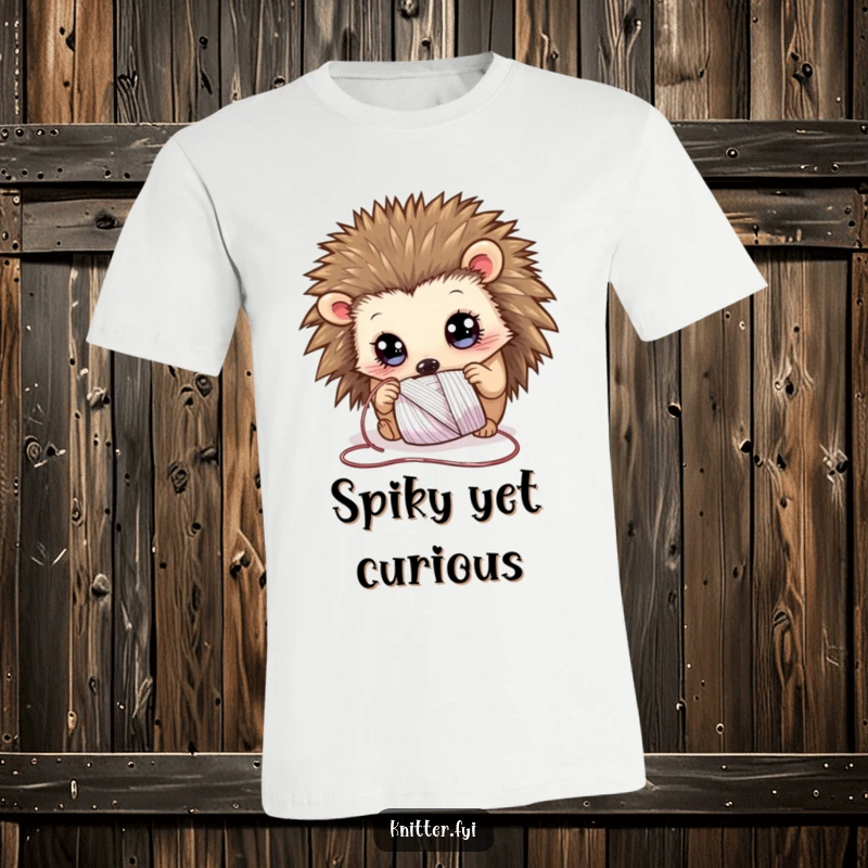 Funny T-Shirt depicting a curious hedgehog with wide eyes, intently examining a spool of shimmering thread, showcasing wonder.