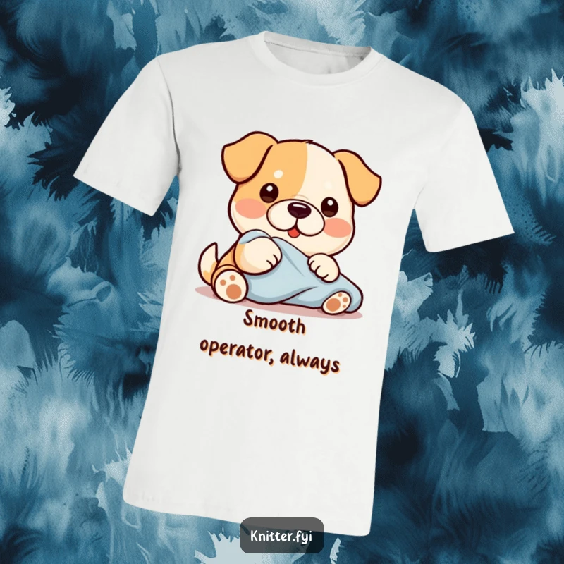 Funny Kawaii dog character focused on smoothing fabric with its paw, a charming t-shirt graphic for pet owners.