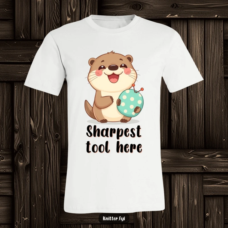 Funny t-shirt featuring a joyful otter holding a tiny pincushion and beaming, perfect for sewing lovers.