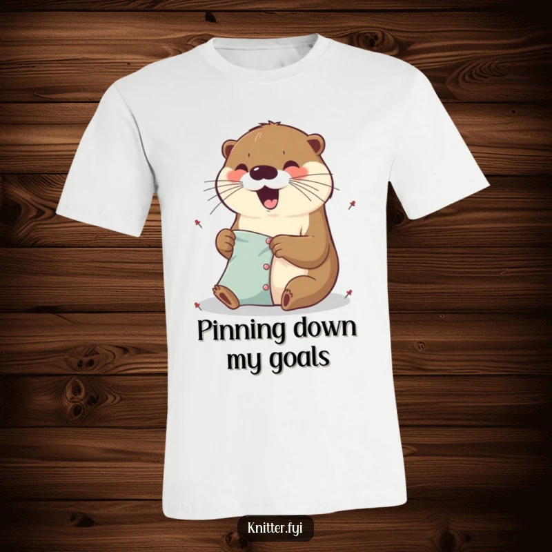 Funny excited otter t-shirt pinning fabric with tiny pins, a playful and humorous design.