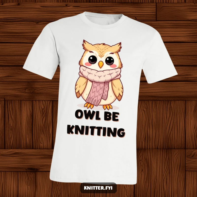 Funny owl knitting t-shirt where a happy owl proudly displays a perfectly knitted scarf, ideal for crafters.