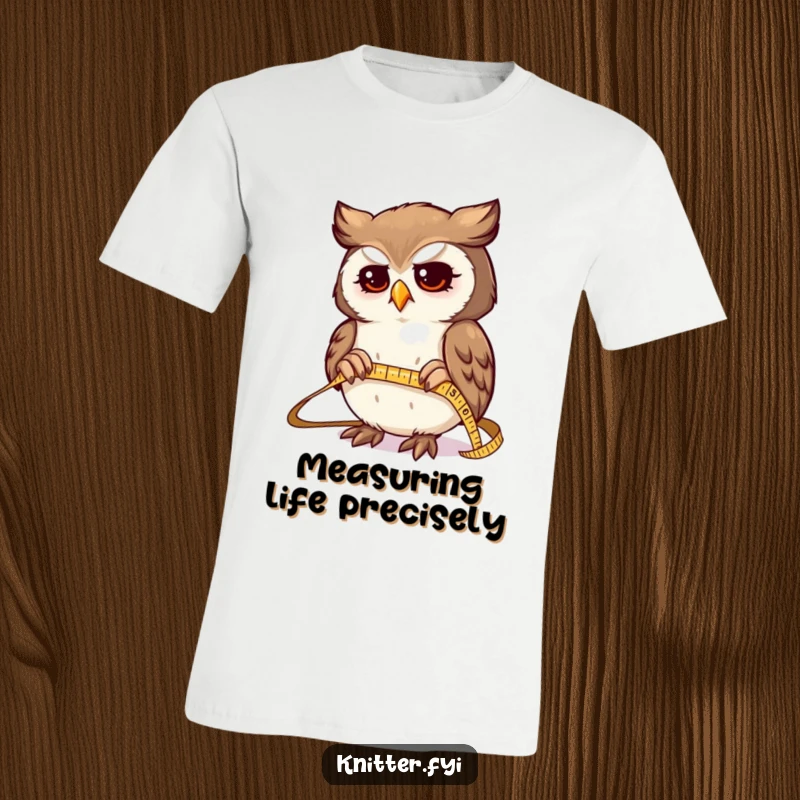 Funny t-shirt of a determined owl character expertly measuring fabric with a tiny, shiny tape measure, highlighting focus and skill.