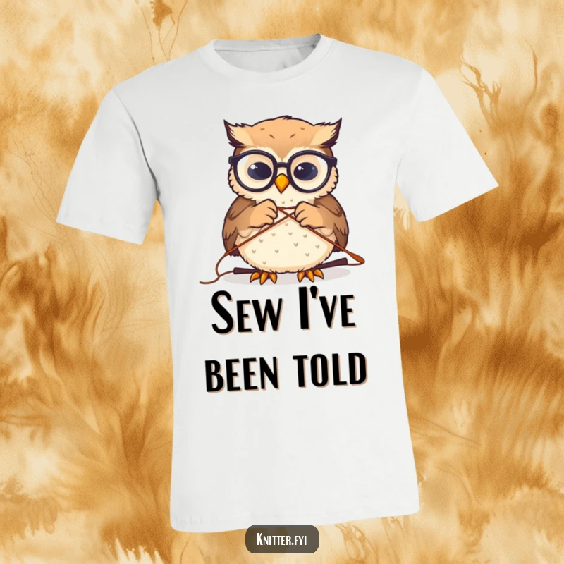 Funny t-shirt with a tiny owl wearing glasses, humorously threading a large needle, perfect for crafty individuals who enjoy a laugh.