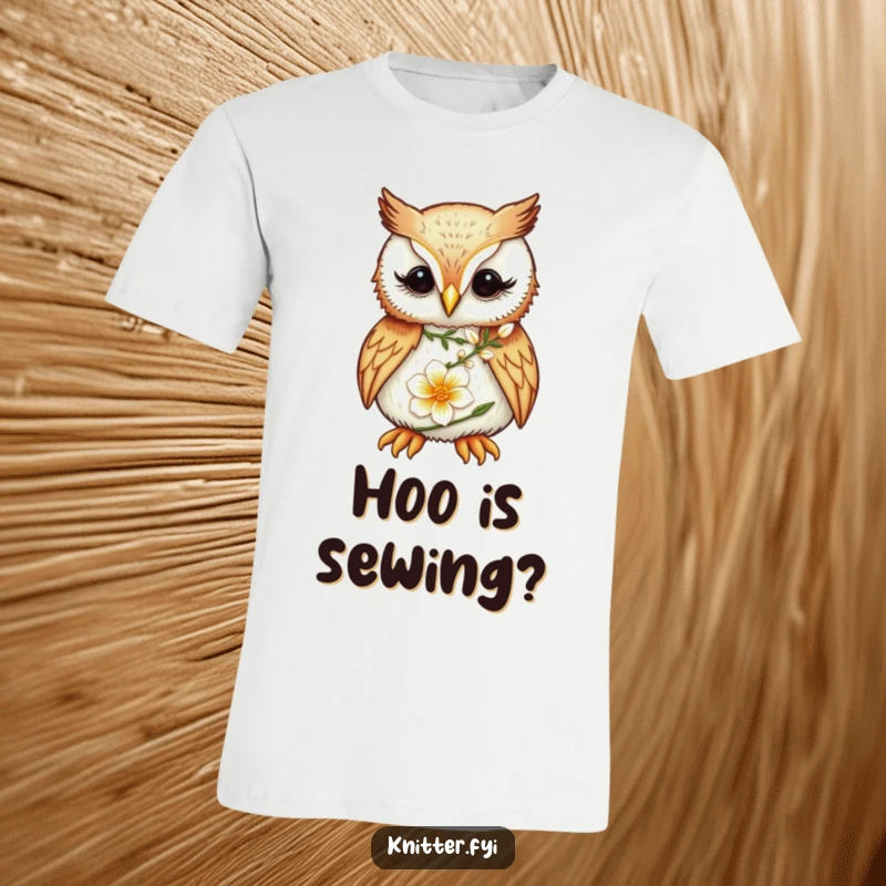 Funny Owl T-Shirt: A focused owl meticulously embroiders a delicate flower, embodying focused crafting.