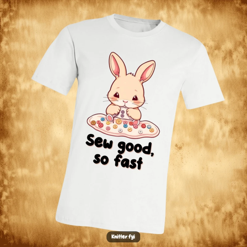 Funny rabbit t-shirt featuring a determined bunny meticulously sewing tiny buttons onto material. Ideal for sewing lovers.