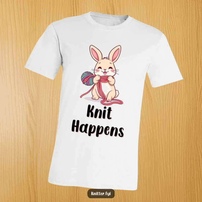 Funny Rabbit T-Shirt: A happy rabbit artistically unravels a long, colorful ball of yarn, creating a humorous scene.