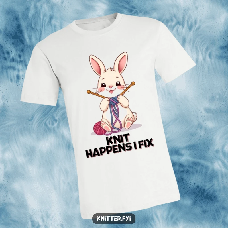 Funny rabbit t-shirt showing a cheerful bunny actively winding yarn onto knitting needles, looking joyful.