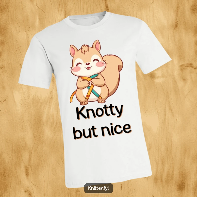 Funny squirrel t-shirt showing a contented character happily knotting bright ribbons together, perfect for crafters.