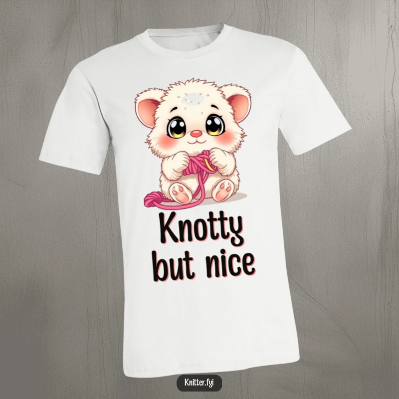Funny T-Shirt: A fluffy creature with big, curious eyes is busy weaving colorful strands of yarn with its paws.